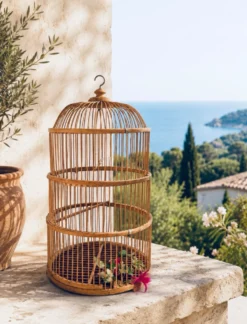 Grande Cage à oiseaux en bambou et rotin des années 70