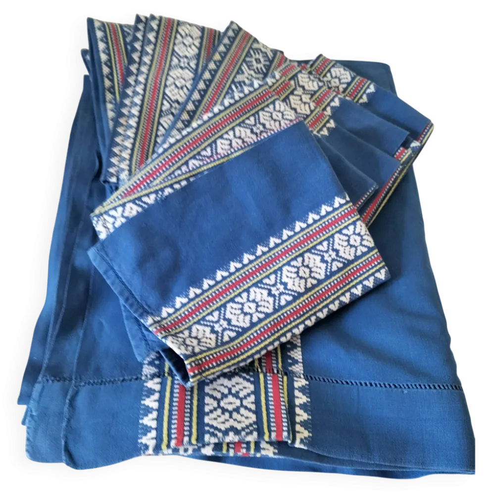 grande nappe et 11 serviettes vintage basque bleu indigo,