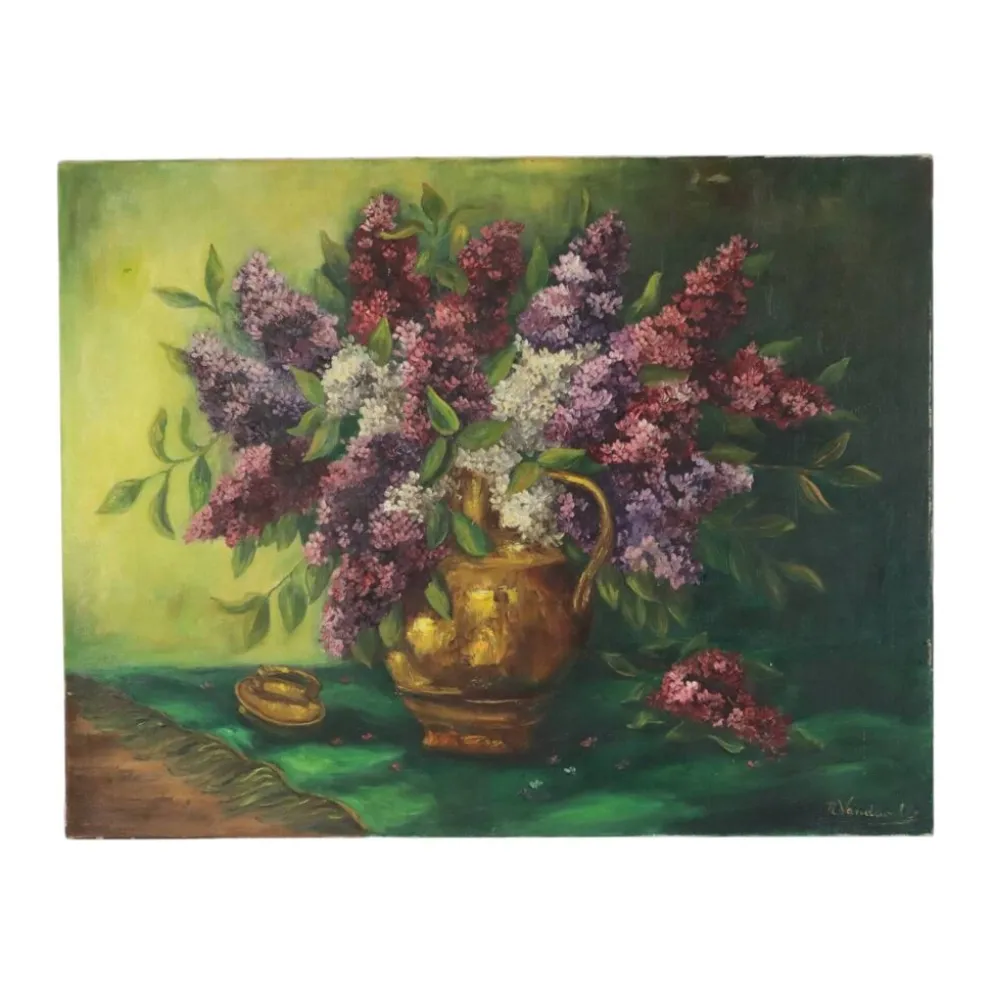 Grande peinture de nature morte florale colorée avec des lilas (90x70 cm)