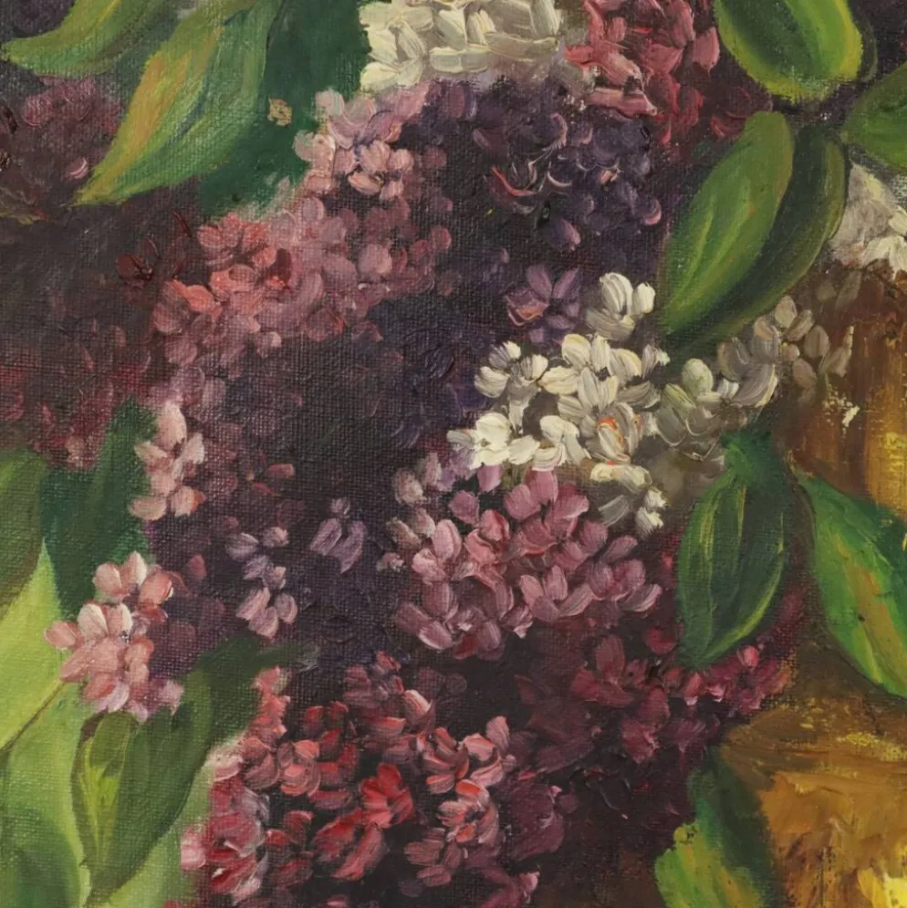 Grande peinture de nature morte florale colorée avec des lilas (90x70 cm)
