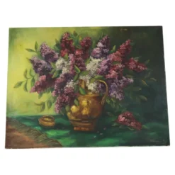 Grande peinture de nature morte florale colorée avec des lilas (90x70 cm)