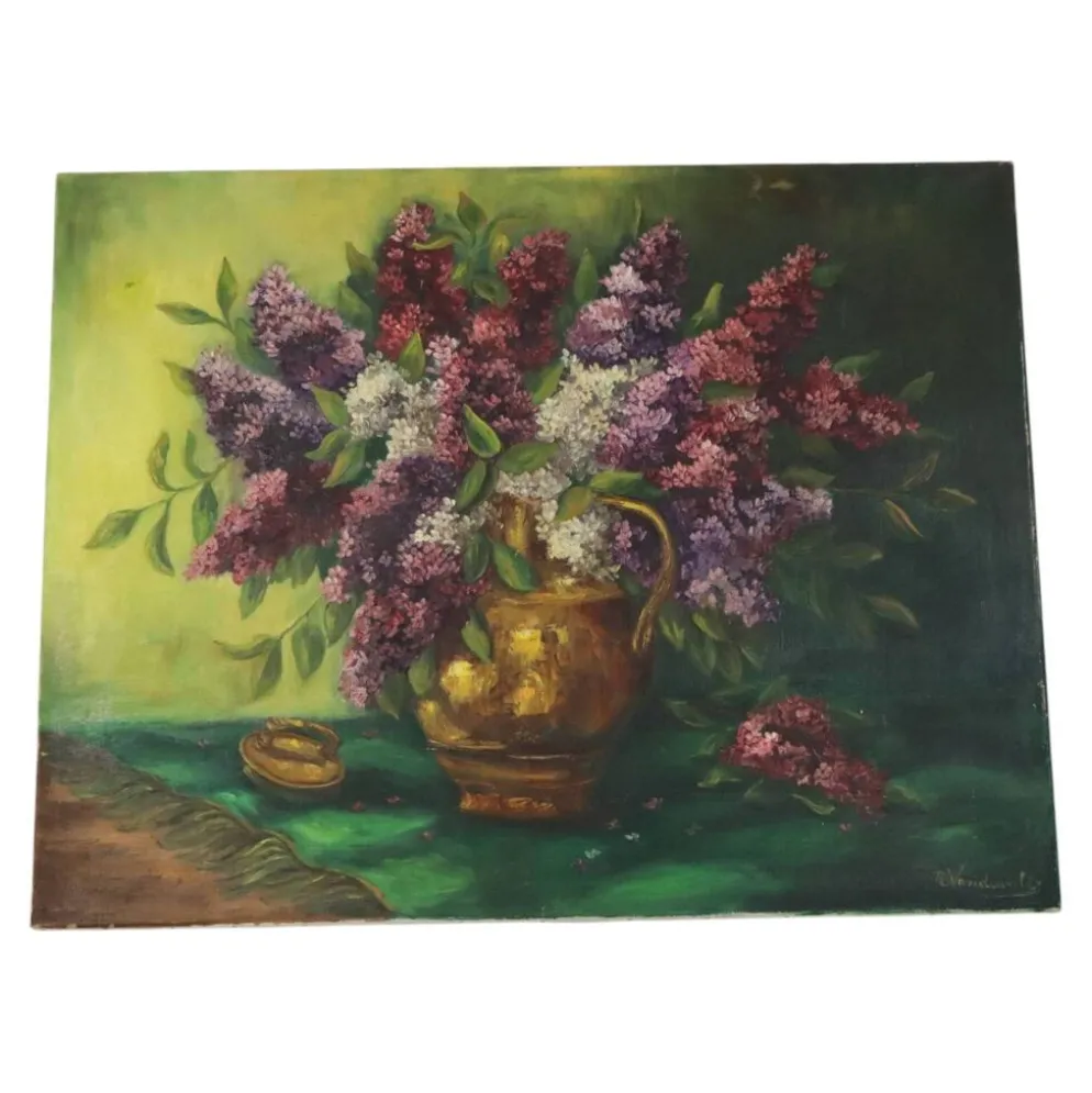 Grande peinture de nature morte florale colorée avec des lilas (90x70 cm)