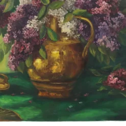 Grande peinture de nature morte florale colorée avec des lilas (90x70 cm)