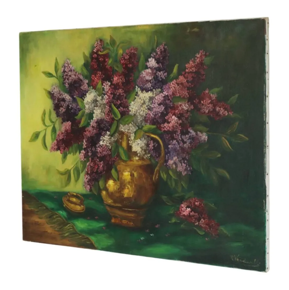 Grande peinture de nature morte florale colorée avec des lilas (90x70 cm)