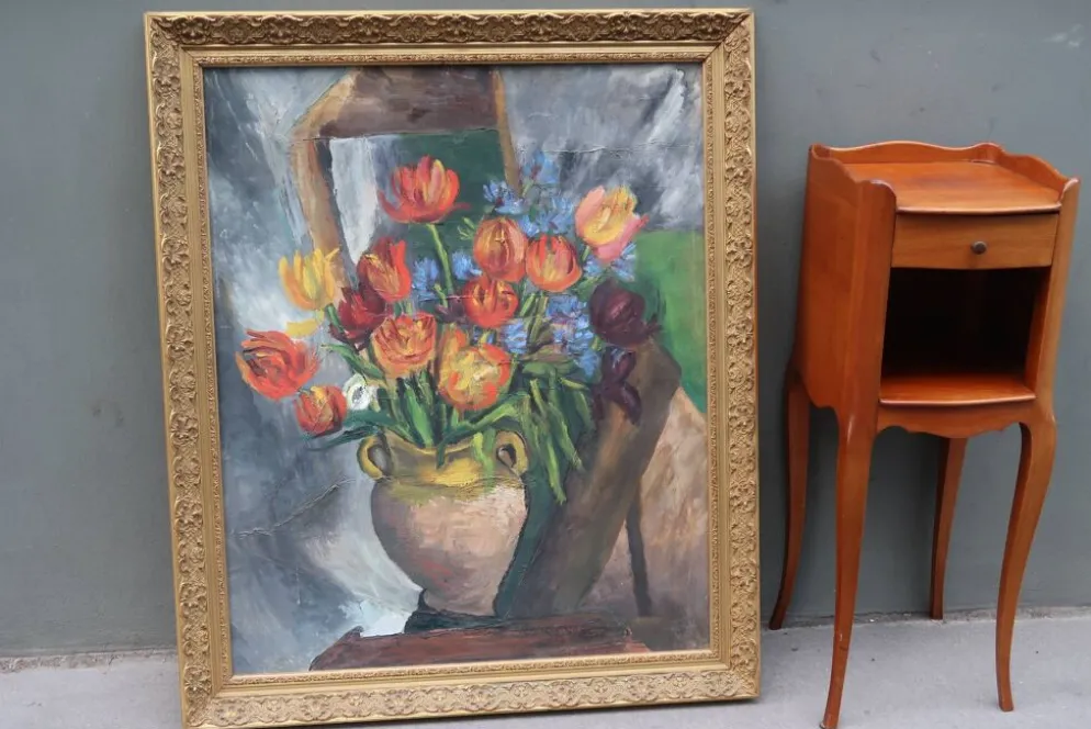 Grande peinture à l'huile ancienne, Nature morte aux tulipes, Cadre doré