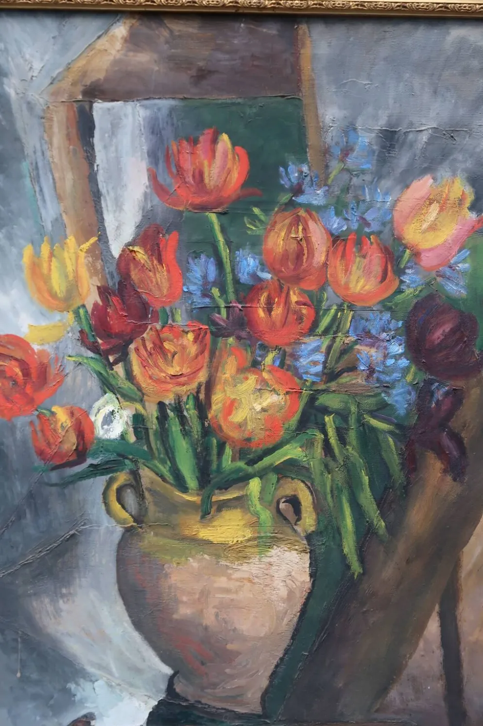Grande peinture à l'huile ancienne, Nature morte aux tulipes, Cadre doré