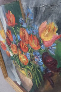 Grande peinture à l'huile ancienne, Nature morte aux tulipes, Cadre doré