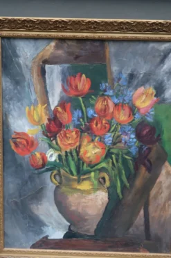 Grande peinture à l'huile ancienne, Nature morte aux tulipes, Cadre doré