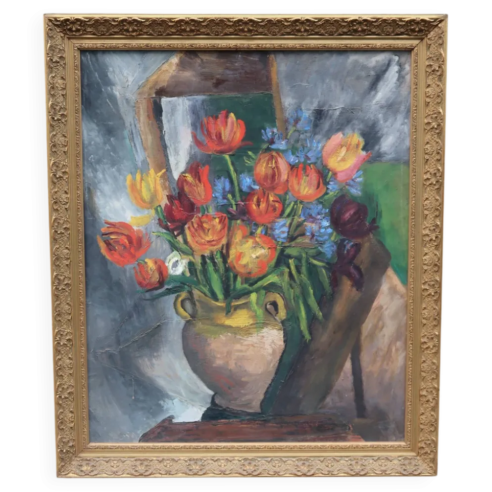Grande peinture à l'huile ancienne, Nature morte aux tulipes, Cadre doré