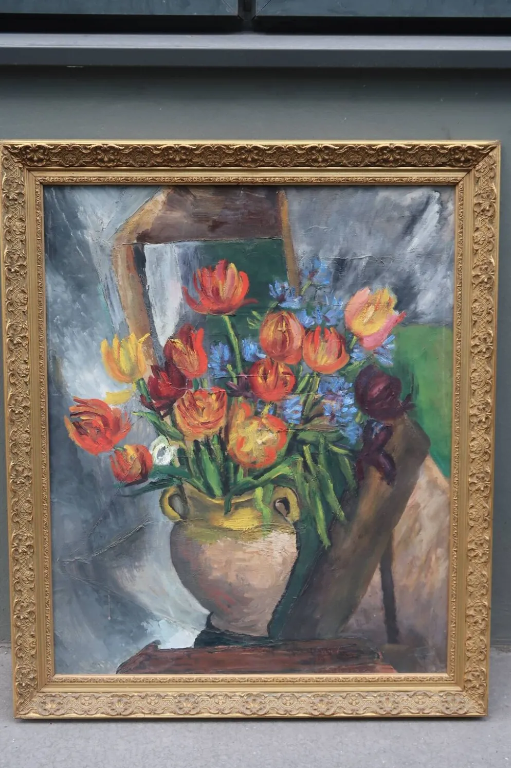 Grande peinture à l'huile ancienne, Nature morte aux tulipes, Cadre doré