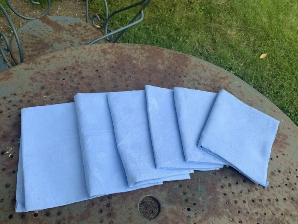 6 grandes serviettes en coton damassées teintées bleues, vintage
