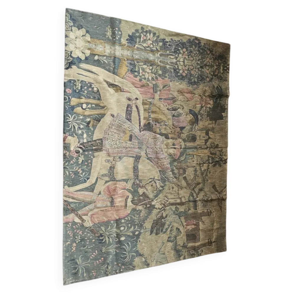 Grande tenture murale ancienne – scène médiévale équestre – 180 × 138 cm