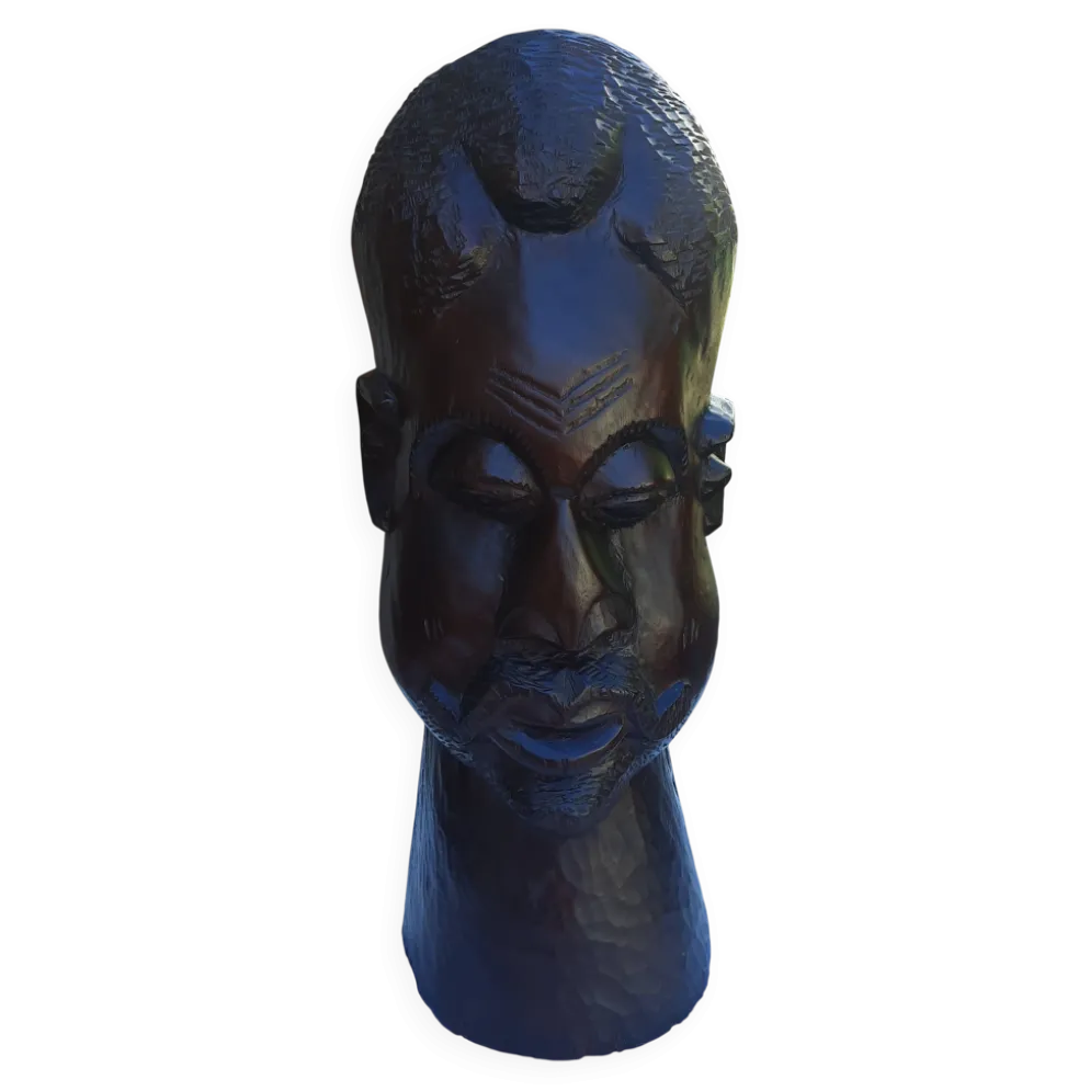 Grande tête sculptée africaine en bois exotique – Madagascar – 65 cm