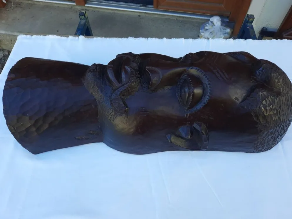 Grande tête sculptée africaine en bois exotique – Madagascar – 65 cm