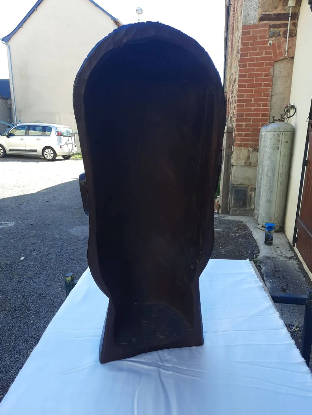 Grande tête sculptée africaine en bois exotique – Madagascar – 65 cm
