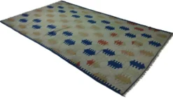 Grand Kilim Turc Vintage en Laine Bleu et Ecru 352 x 217 cm