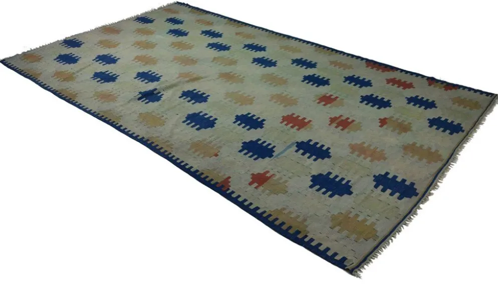 Grand Kilim Turc Vintage en Laine Bleu et Ecru 352 x 217 cm