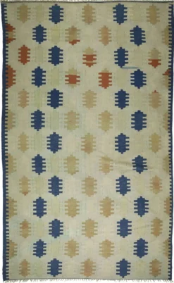 Grand Kilim Turc Vintage en Laine Bleu et Ecru 352 x 217 cm