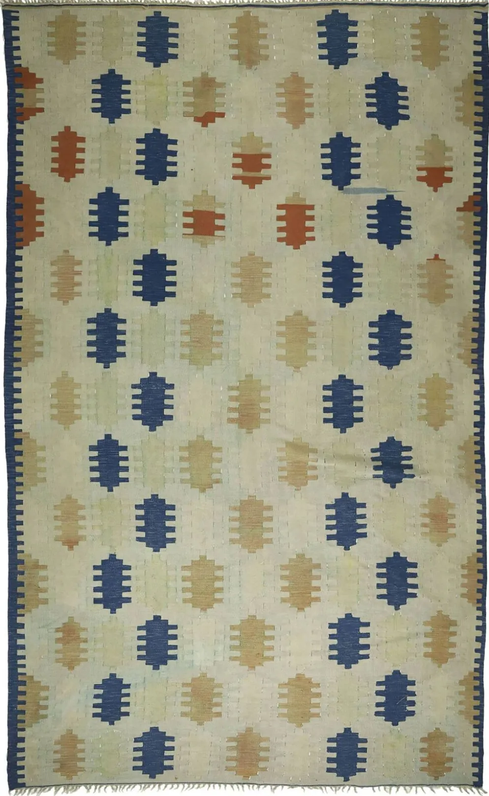 Grand Kilim Turc Vintage en Laine Bleu et Ecru 352 x 217 cm