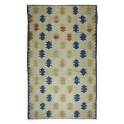 Grand Kilim Turc Vintage en Laine Bleu et Ecru 352 x 217 cm