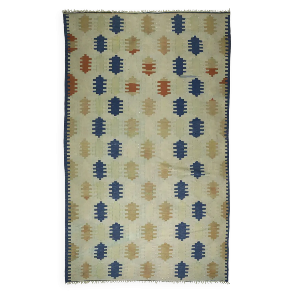 Grand Kilim Turc Vintage en Laine Bleu et Ecru 352 x 217 cm