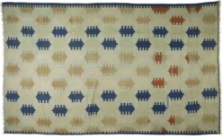 Grand Kilim Turc Vintage en Laine Bleu et Ecru 352 x 217 cm