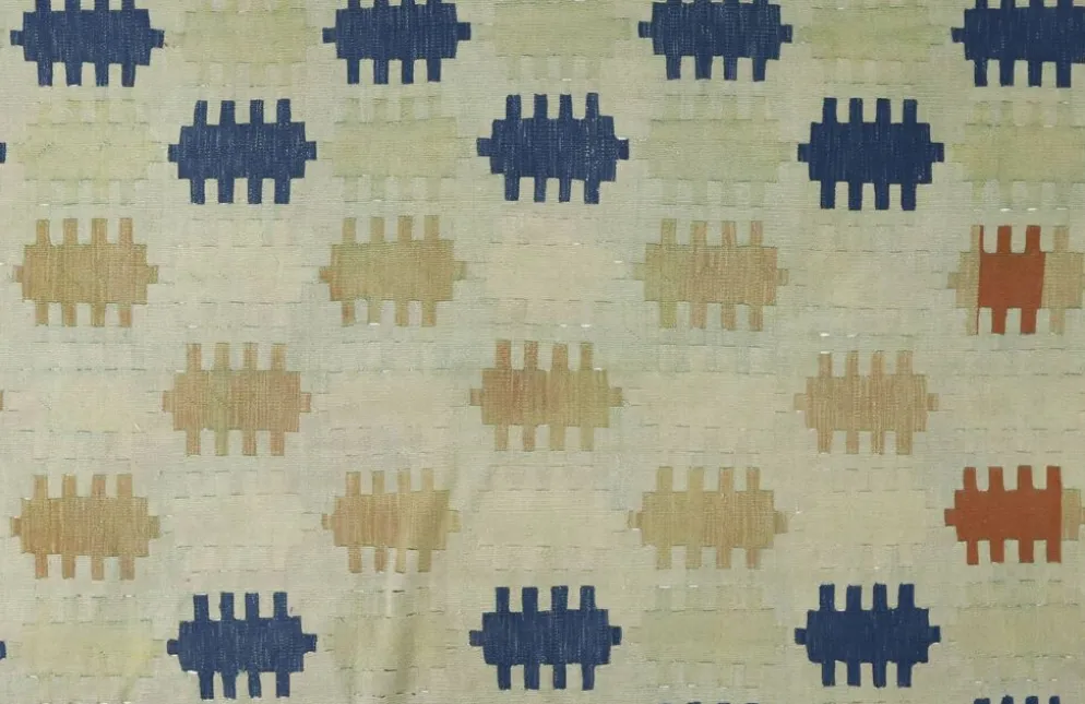Grand Kilim Turc Vintage en Laine Bleu et Ecru 352 x 217 cm