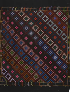 Grand kilim turc vintage graphique bleu et rose 282 x 203 cm
