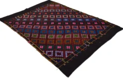 Grand kilim turc vintage graphique bleu et rose 282 x 203 cm
