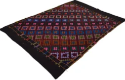 Grand kilim turc vintage graphique bleu et rose 282 x 203 cm