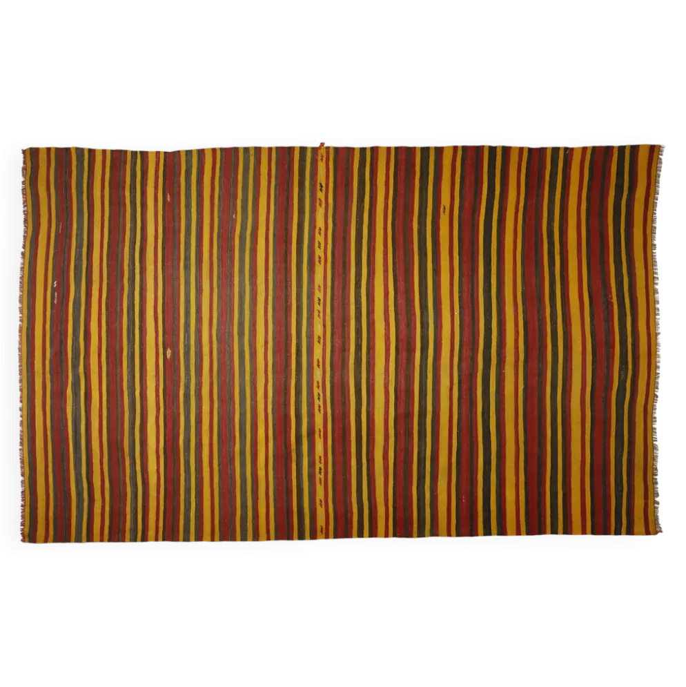 Grand Kilim Turc Vintage Raye Rouge et Jaune 326 x 196 cm