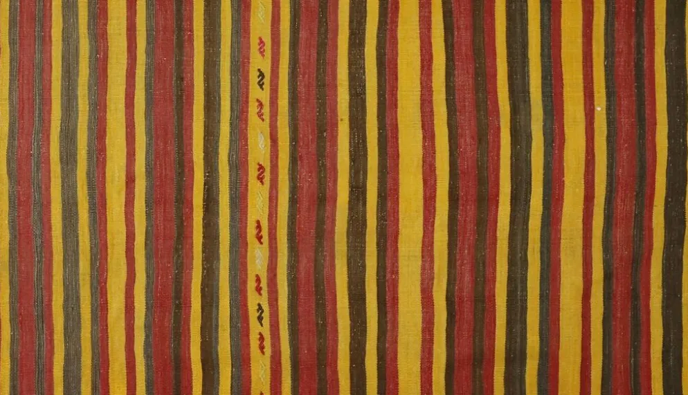 Grand Kilim Turc Vintage Raye Rouge et Jaune 326 x 196 cm