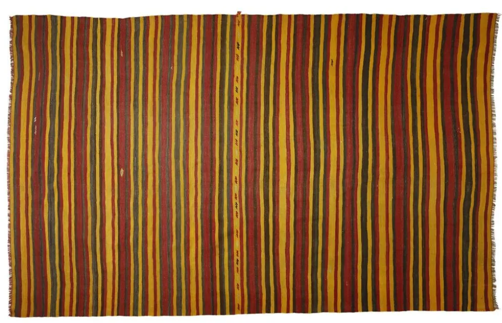 Grand Kilim Turc Vintage Raye Rouge et Jaune 326 x 196 cm