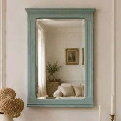 Grand miroir ancien biseauté rénové vert sauge – 99,5 × 71 cm