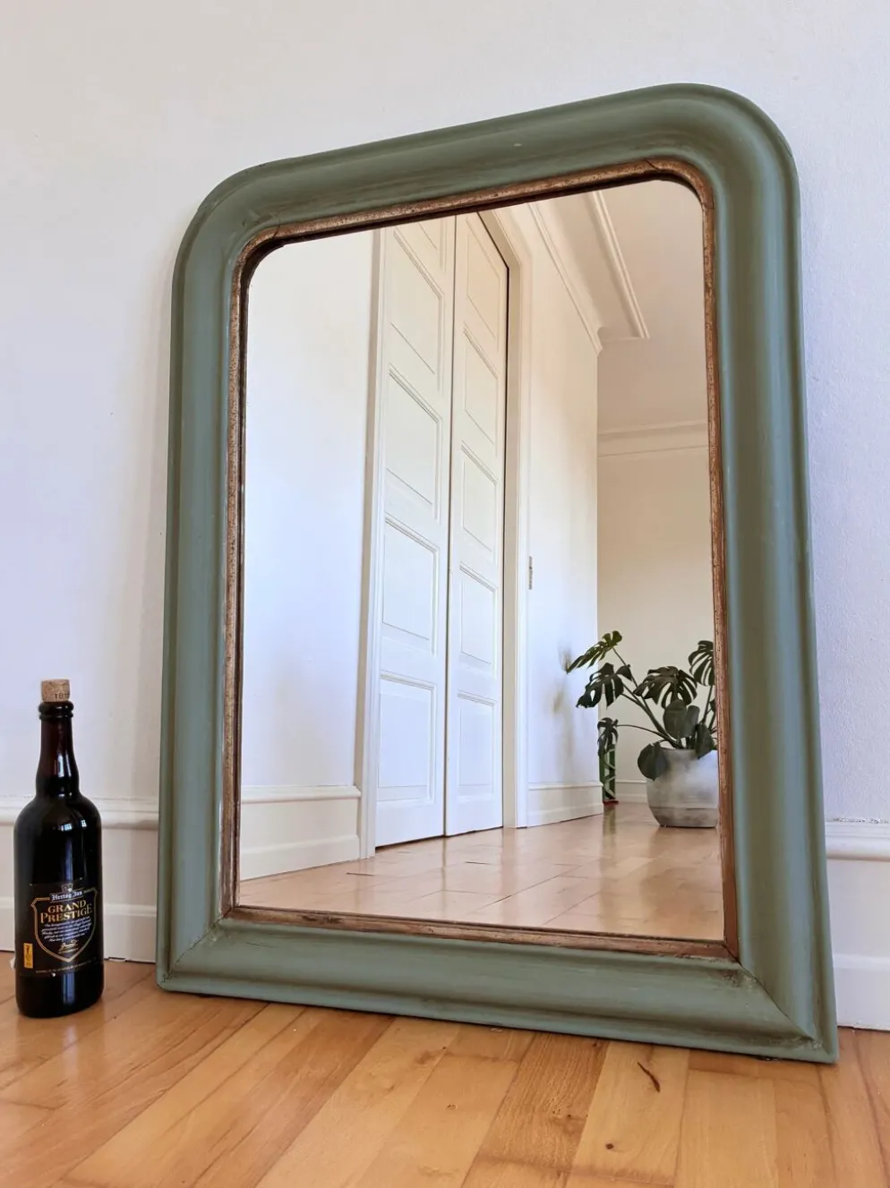 Grand miroir antique français Louis Philippe – vert et or, fin du 19e siècle