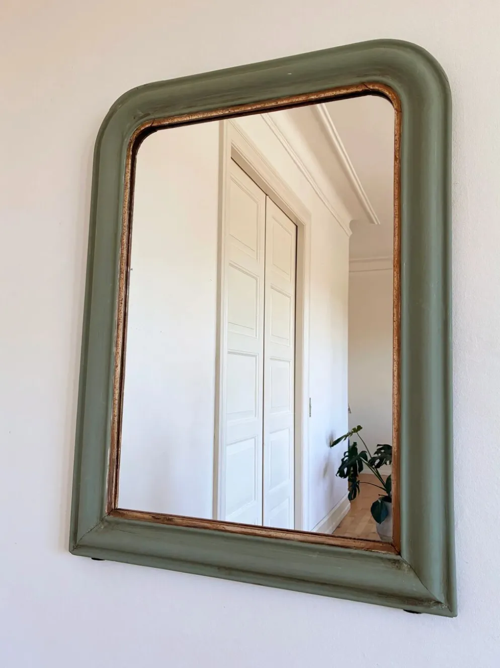 Grand miroir antique français Louis Philippe – vert et or, fin du 19e siècle
