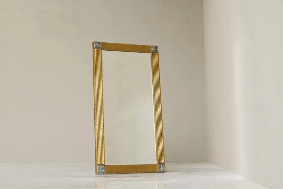 Grand miroir Art déco en laiton patiné avec verre facetté années 1960