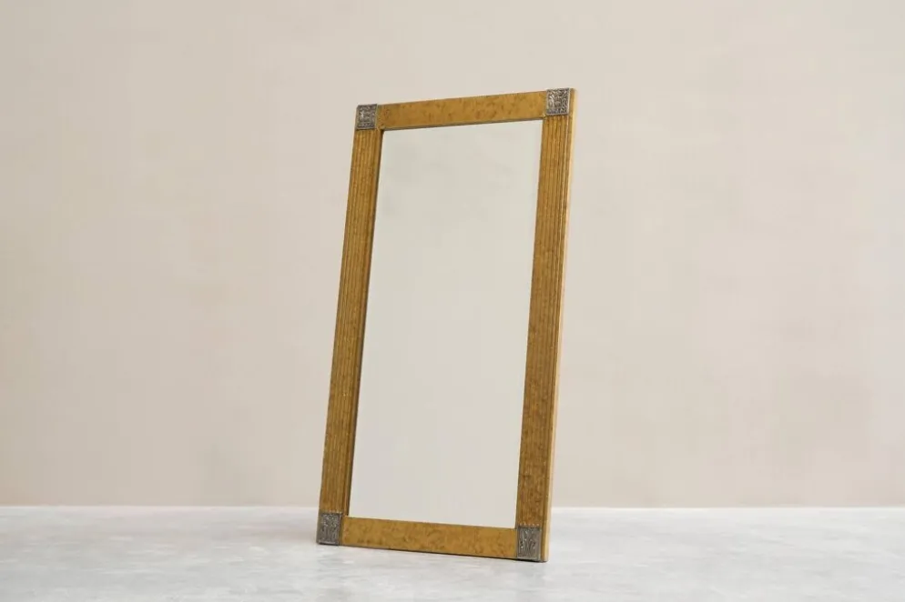 Grand miroir Art déco en laiton patiné avec verre facetté années 1960