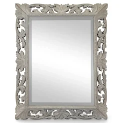 Grand miroir à cadre en bois sculpté ajouré patiné gris