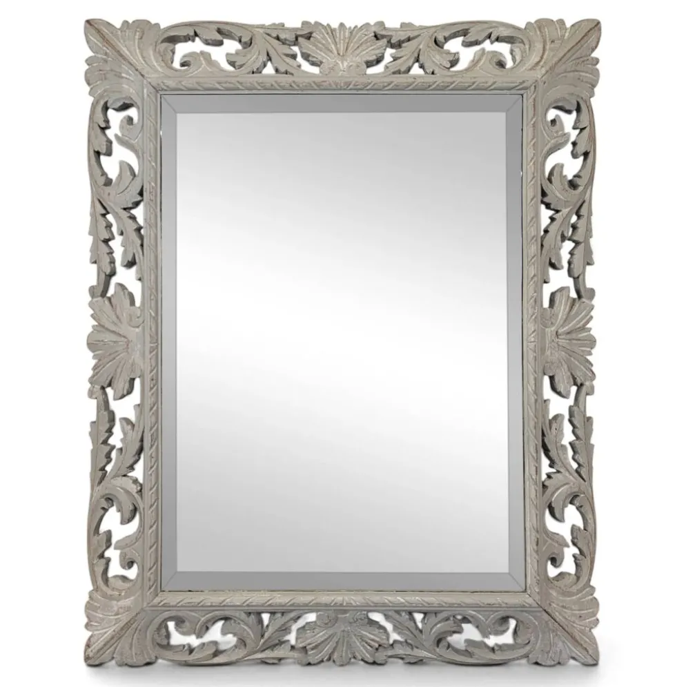 Grand miroir à cadre en bois sculpté ajouré patiné gris