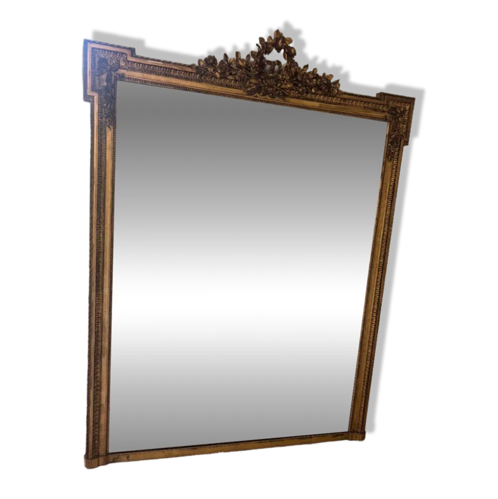 Grand miroir d'époque Napoléon III à fronton fleuri