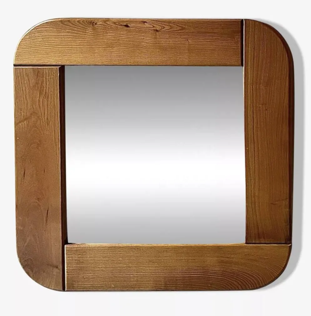 Grand miroir en bois d'orme 78x78, Maison Regain 1978