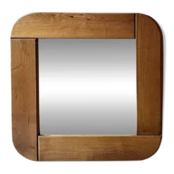 Grand miroir en bois d'orme 78x78, Maison Regain 1978