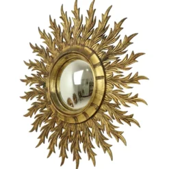 Grand miroir en bois rare en forme de soleil avec finition en feuille d'or XL 86 cm