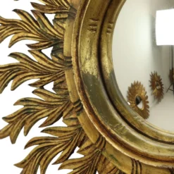 Grand miroir en bois rare en forme de soleil avec finition en feuille d'or XL 86 cm