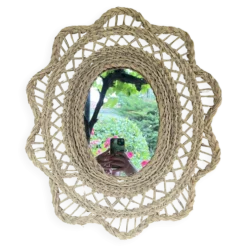 Grand miroir en jonc tressé 1960