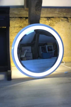 Grand Miroir Lumineux Rond Vintage Céramique Space Age 68cm - Année 70