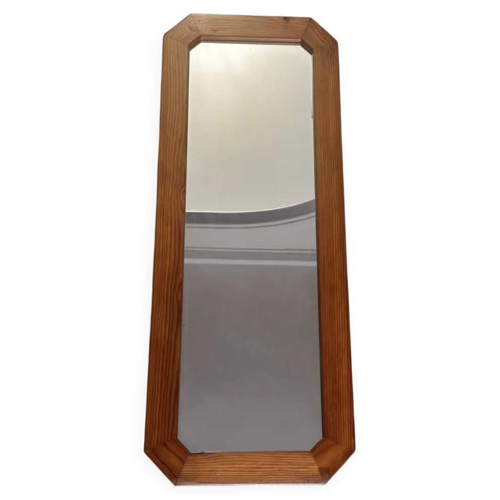 Grand miroir mural octogonal en pin, années 1970 – 103 × 40 cm