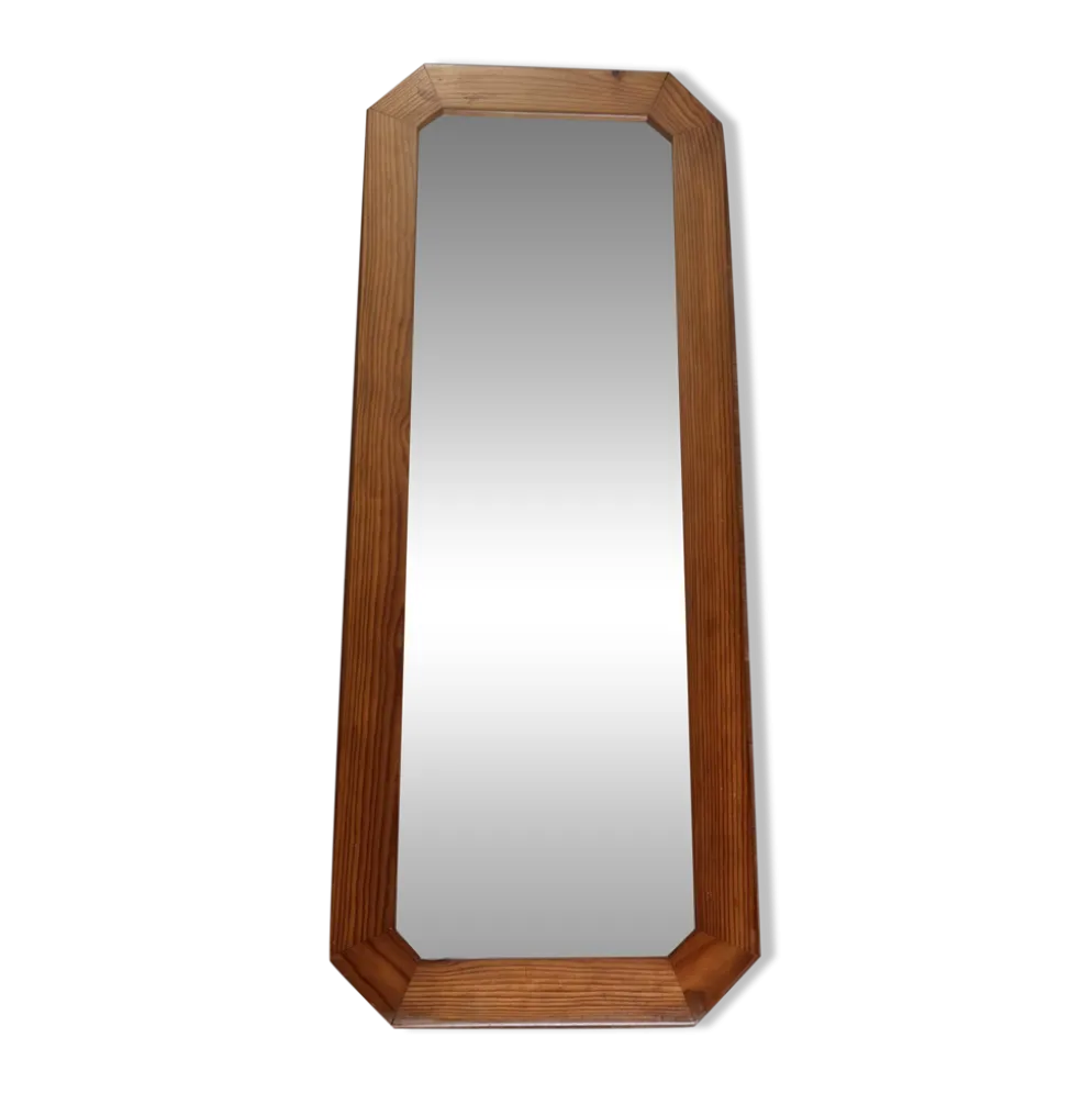 Grand miroir mural octogonal en pin, années 1970 – 103 × 40 cm