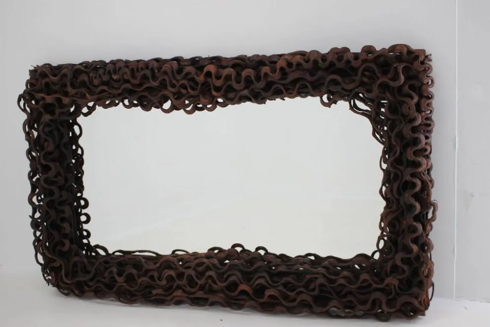 Grand miroir mural ou de sol Mid-Century en bois tropical